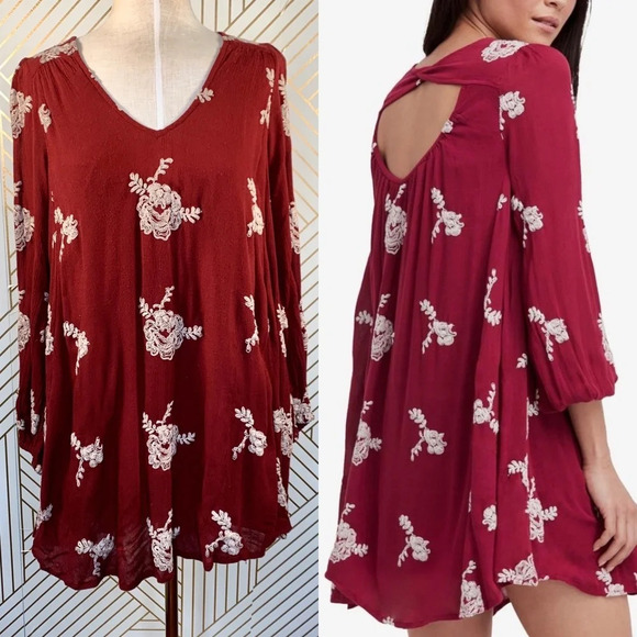 Free People Embroidered Austin Mini‎ Dress Maroon - Picture 1 of 8